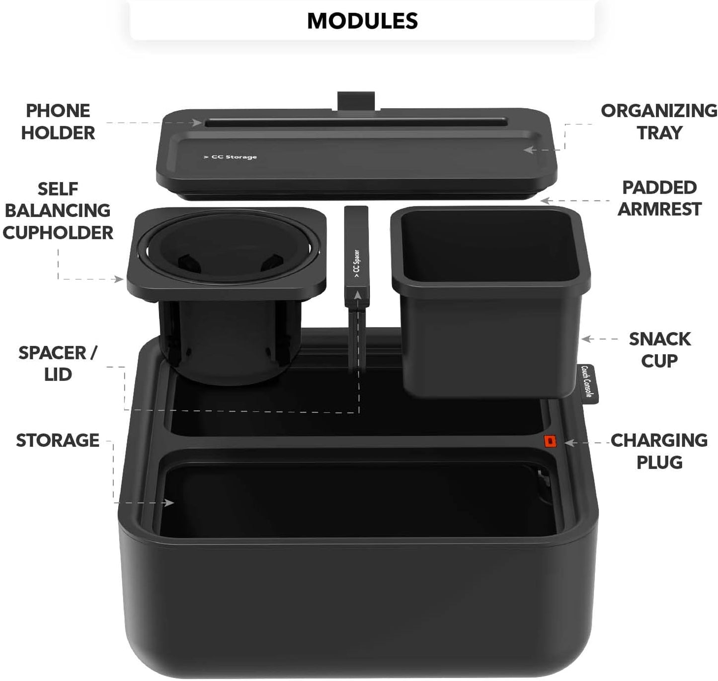 Original Cup Holder Tray - Drinks & Snacks Sofa Caddy with Armrest, Table with Phone Stand- TV Remote Control Storage and Organizer - for Living Rooms, RV, and Cars, Black/Gray