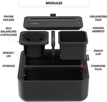 Original Cup Holder Tray - Drinks & Snacks Sofa Caddy with Armrest, Table with Phone Stand- TV Remote Control Storage and Organizer - for Living Rooms, RV, and Cars, Black/Gray