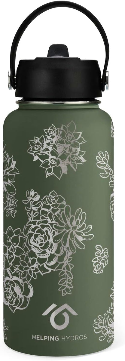 Water Bottle with Straw Lid | 32 oz Engraved Stainless Steel Insulated with Strap | Botanical, Flower & Succulent Themed