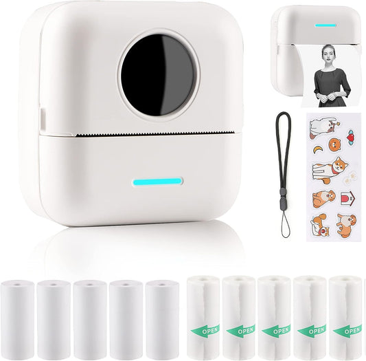 Mini Sticker Printer Bluetooth Smart Pocket Inkless Thermal Printer with 10 Rolls Thermal Paper and Sticker for iOS&Android, Portable Receipt Printer for Photo Journal Notes Memo