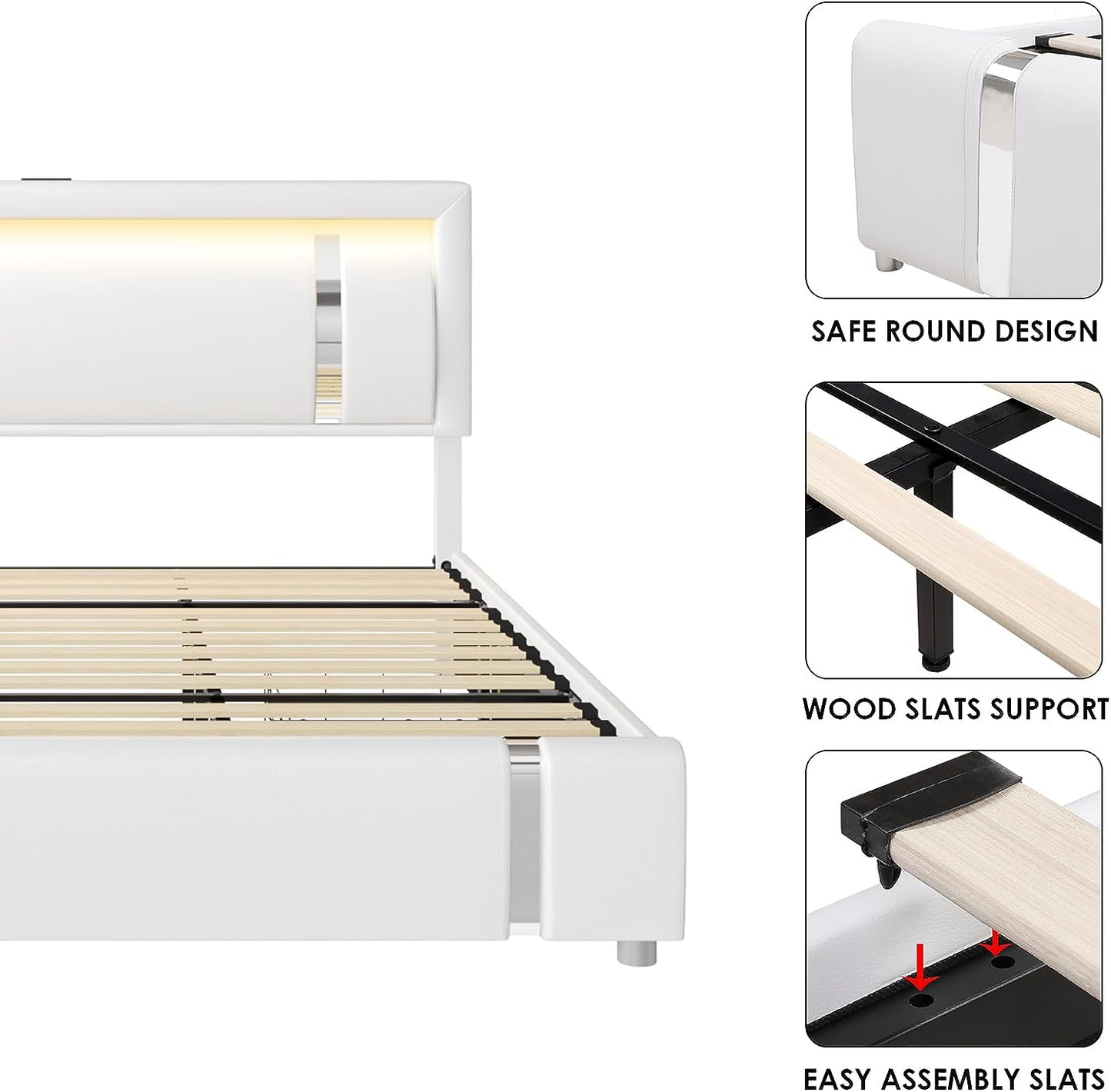 Full Size Bed Frame with RGB LED Lights Headboard & 2 Storage Drawers, Modern Upholstered Faux Leather Smart Platform Bed with Iron Metal Decor, USB & USB-C Charging Ports, No Box Spring Needed, White