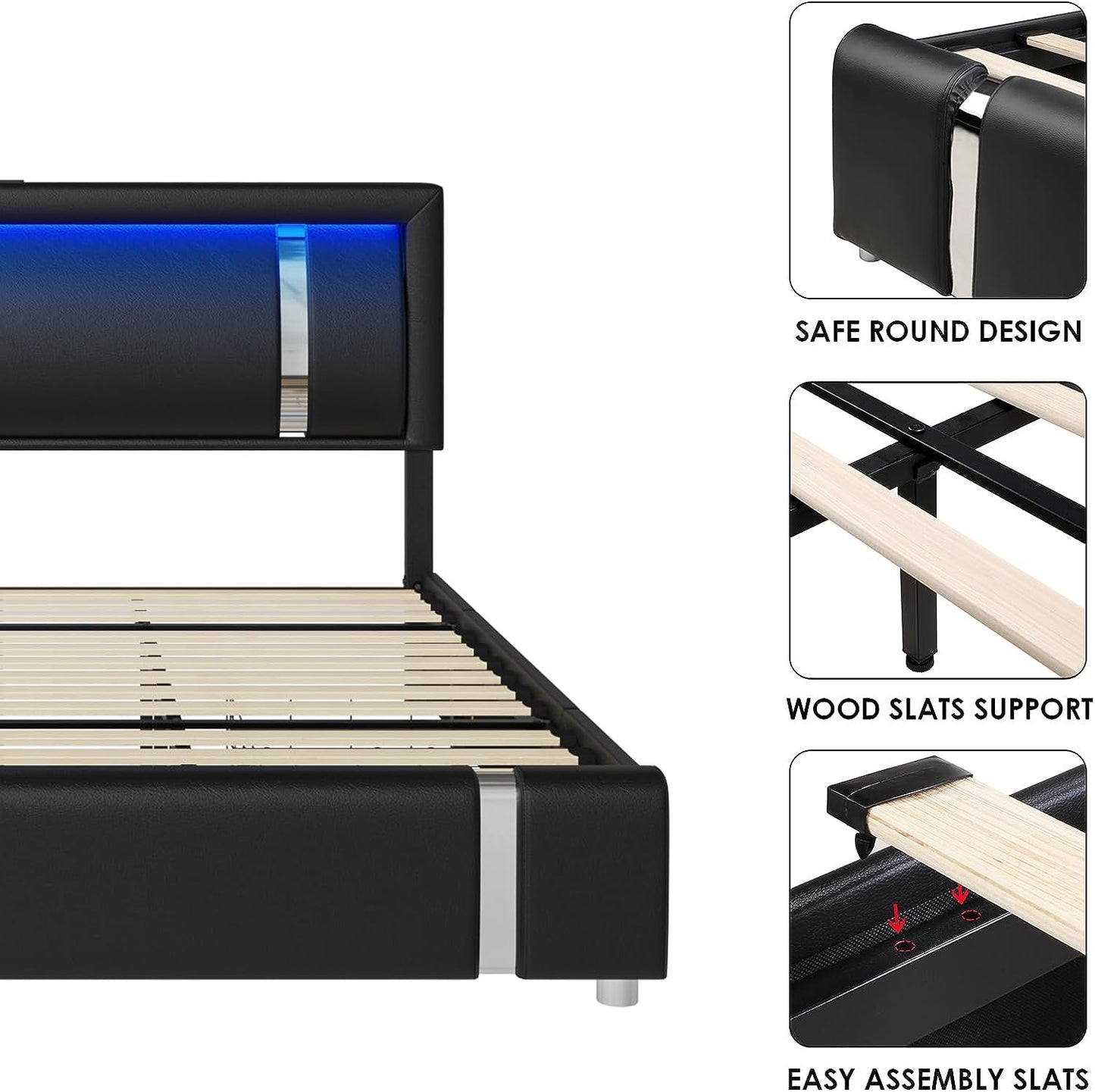 Full Size Bed Frame with RGB LED Lights Headboard & 2 Storage Drawers, Modern Upholstered Faux Leather Smart Platform Bed with Iron Metal Decor, USB & USB-C Charging Ports, No Box Spring Needed, White