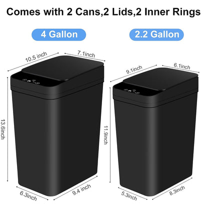 EXCELLENT Bathroom Automatic Trash Can 2 Pack 2.2 Gallon Touchless Motion Sensor Small Slim Garbage Can with Lid Smart Electric Narrow Waterproof Garbage Bin for Bedroom Office Kitchen (Black)