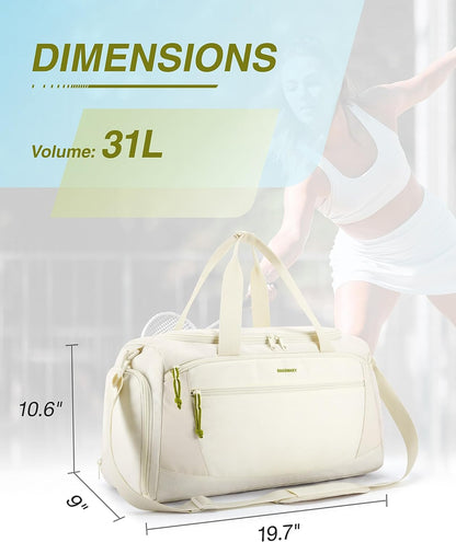 LARGE Gym Bag, 31L Sports Travel Duffle Bag With Shoe Compartment, Waterproof Gym Duffel Bag for Men/Women Travel, Carry On Weekender Workout Bag, Beige