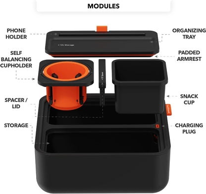 Original Cup Holder Tray - Drinks & Snacks Sofa Caddy with Armrest, Table with Phone Stand- TV Remote Control Storage and Organizer - for Living Rooms, RV, and Cars, Black/Gray