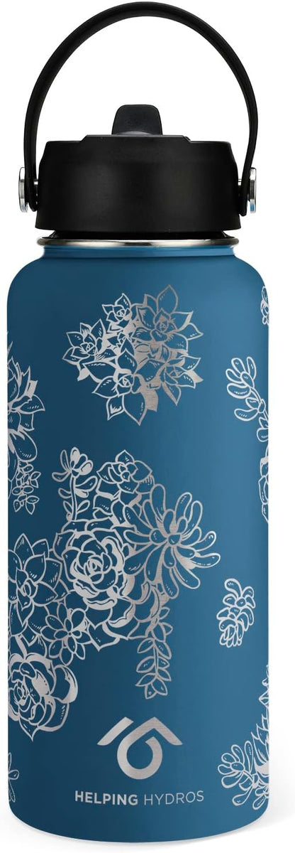 Water Bottle with Straw Lid | 32 oz Engraved Stainless Steel Insulated with Strap | Botanical, Flower & Succulent Themed