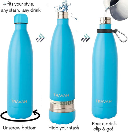 SPECIAL Diversion Safe Water Bottle Can Hidden Bottom for Valuables 17ounce Liquid Capacity Dry Storage Compartment Stainless Steel Vacuum Insulated BONUS with Bag (Silver)