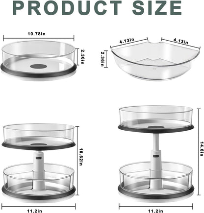 Organizer Turntable for Cabinet, Bathroom, Makeup,Turntable with Adjustable Height,with 1 Large Bin and 3 Dividers Bins, Removable, Clear Spice Rack (Grey)