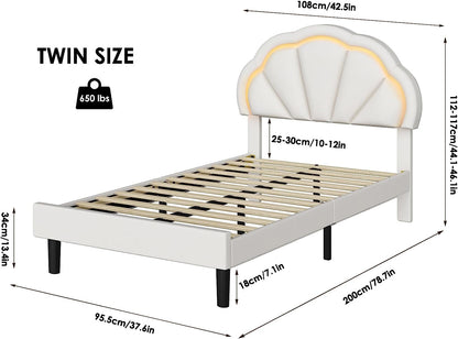 Queen Smart LED Bed Frame with Adjustable Elegant Flowers Headboard, Platform Bed Frame Queen Size with Wooden Slats Support, No Box Spring Needed, Easy Assembly, Beige