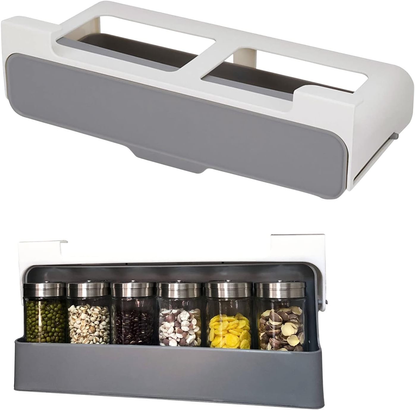 kitchen under sheif spice rack under cabinet,6 jar glasses bottles, pull down spice racks and silver color,