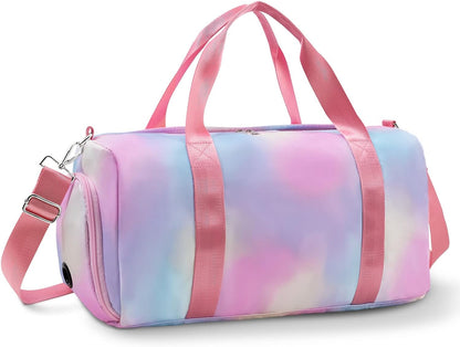 Affordable Travel Duffel Bags for Girls Kids Waterproof Sports Gym Bag for Women, Tie-dye Dance Bag for Girls Teen Overnight Duffel Bag with Shoe Compartment Ballet Small Gym Bag（Pink Rainbow）