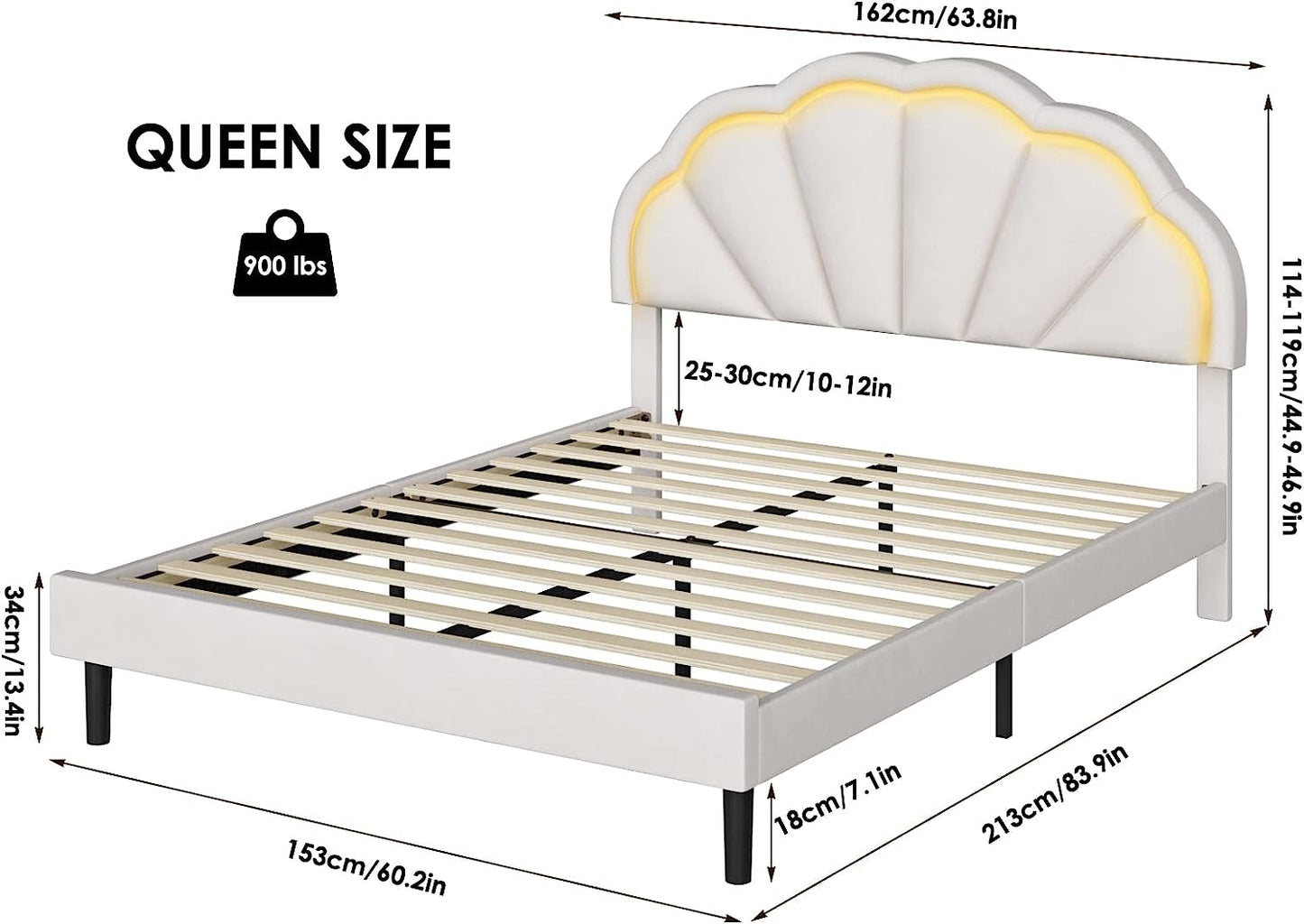 Queen Smart LED Bed Frame with Adjustable Elegant Flowers Headboard, Platform Bed Frame Queen Size with Wooden Slats Support, No Box Spring Needed, Easy Assembly, Beige