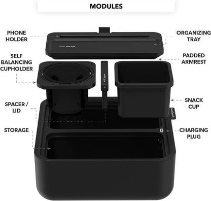 Original Cup Holder Tray - Drinks & Snacks Sofa Caddy with Armrest, Table with Phone Stand- TV Remote Control Storage and Organizer - for Living Rooms, RV, and Cars, Black/Gray