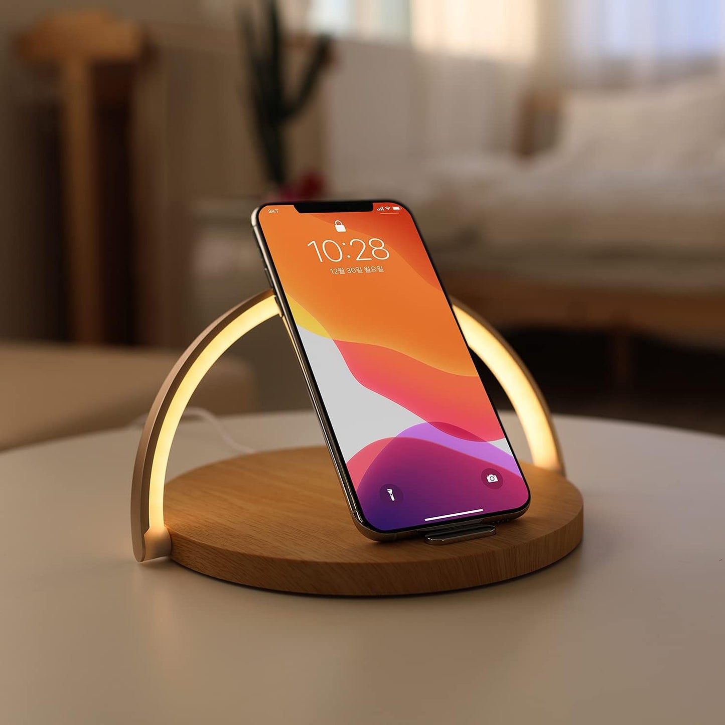 Modern Simple Wireless Charging Nightlight (Wood), Max.15W Fast Wireless Charger, Touch Control, 3-Level Brightness, for Galaxy S10/S20/Note 10, iPhone X/11/11 Pro, Airpods 2, LG V50/G7/G8