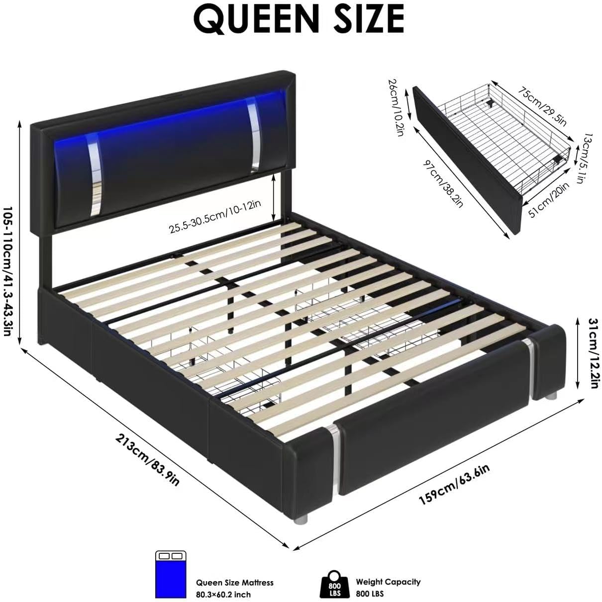 Full Size Bed Frame with RGB LED Lights Headboard & 2 Storage Drawers, Modern Upholstered Faux Leather Smart Platform Bed with Iron Metal Decor, USB & USB-C Charging Ports, No Box Spring Needed, White