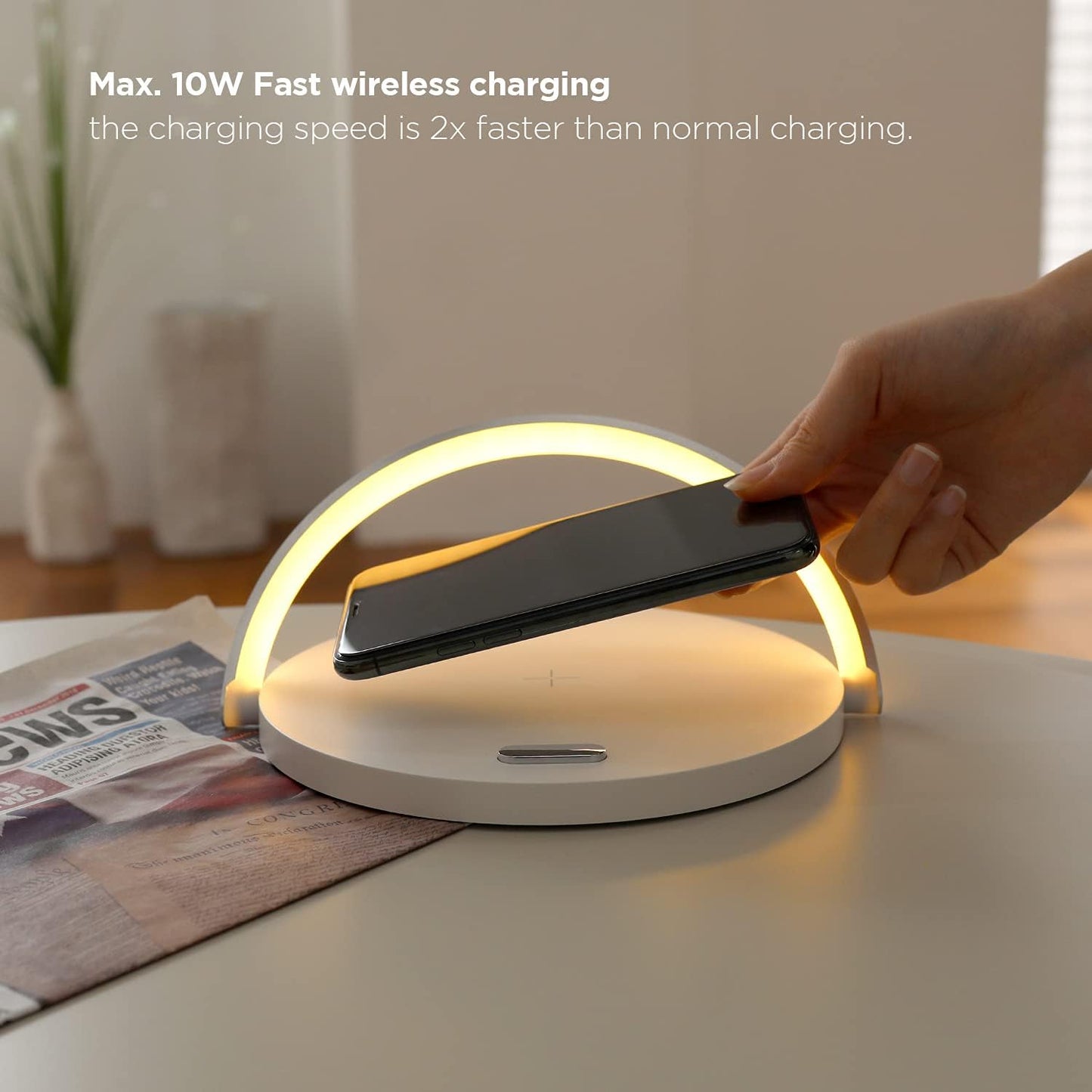 Modern Simple Wireless Charging Nightlight (Wood), Max.15W Fast Wireless Charger, Touch Control, 3-Level Brightness, for Galaxy S10/S20/Note 10, iPhone X/11/11 Pro, Airpods 2, LG V50/G7/G8