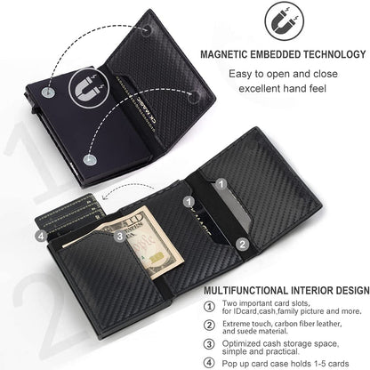 Mens Slim wallet with Money Clip RFID Blocking Credit Card holder Minimalist wallet for Men with Gift Box (Carbon Leather)