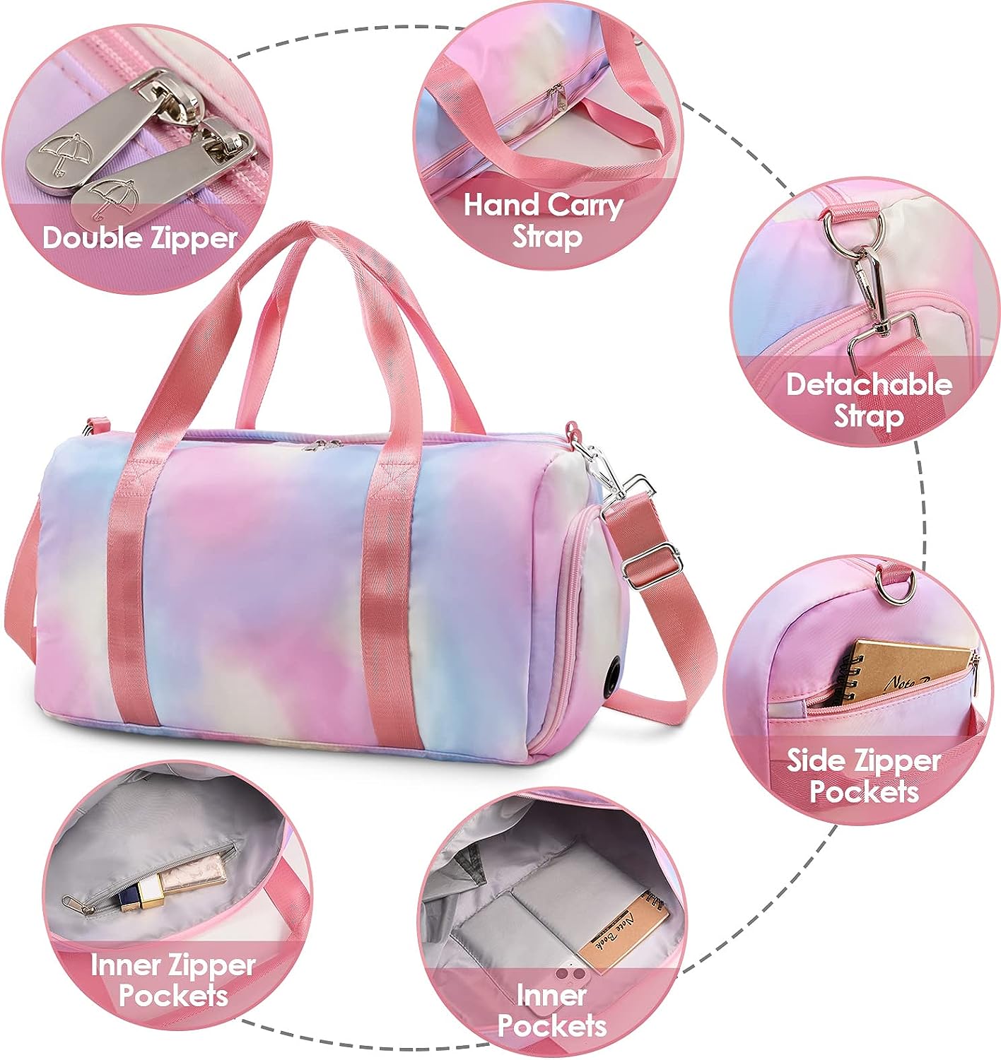 Affordable Travel Duffel Bags for Girls Kids Waterproof Sports Gym Bag for Women, Tie-dye Dance Bag for Girls Teen Overnight Duffel Bag with Shoe Compartment Ballet Small Gym Bag（Pink Rainbow）