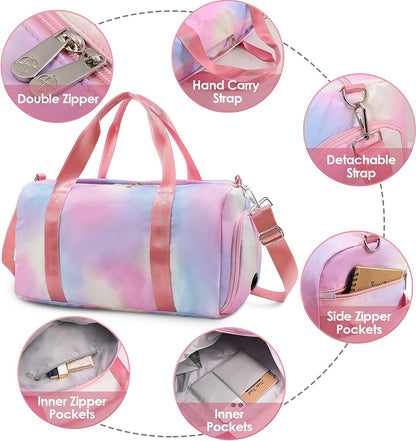 Affordable Travel Duffel Bags for Girls Kids Waterproof Sports Gym Bag for Women, Tie-dye Dance Bag for Girls Teen Overnight Duffel Bag with Shoe Compartment Ballet Small Gym Bag（Pink Rainbow）