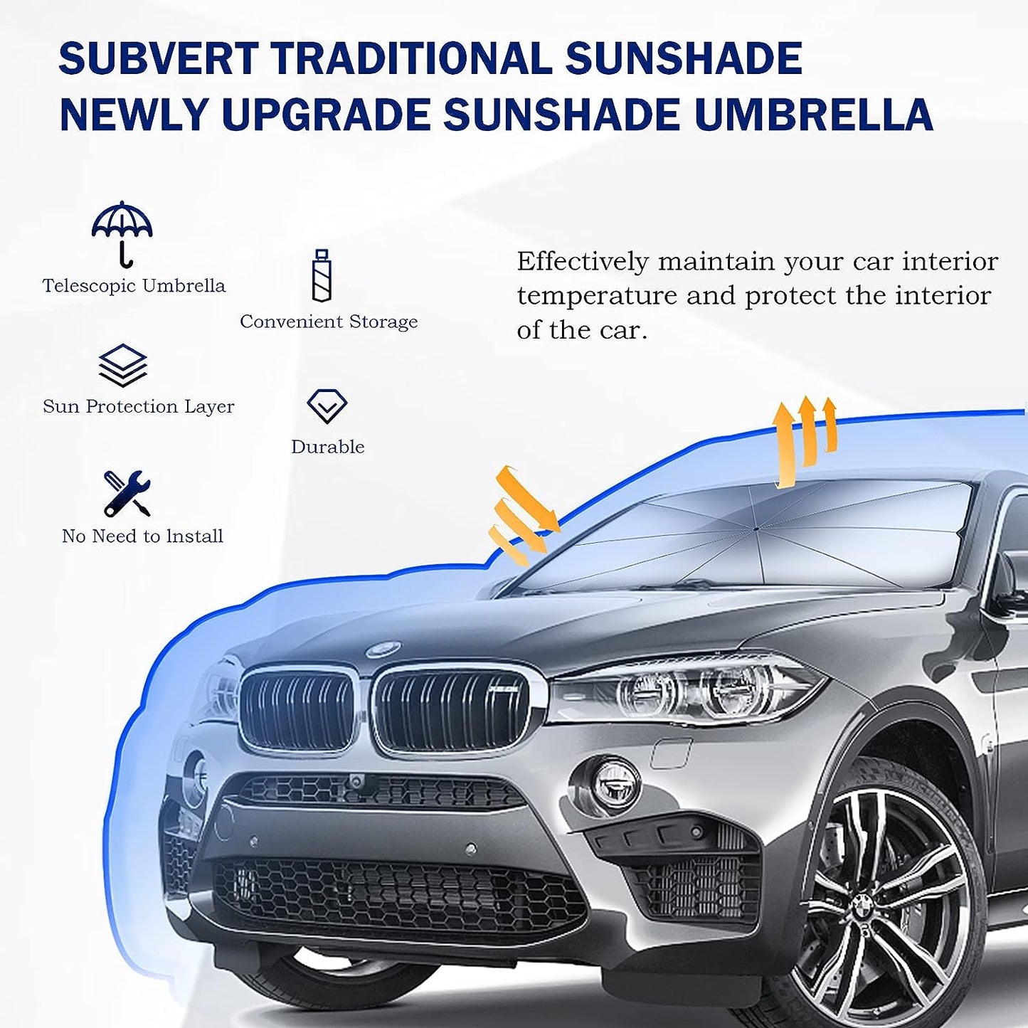 Car Windshield Sun Shade - Foldable Umbrella Reflective Sunshade for Car Front Window Block UV Rays and Heat Car Visor Keep Vehicle Cool Cover Most Cars, SUV, Truck for Auto Windshield