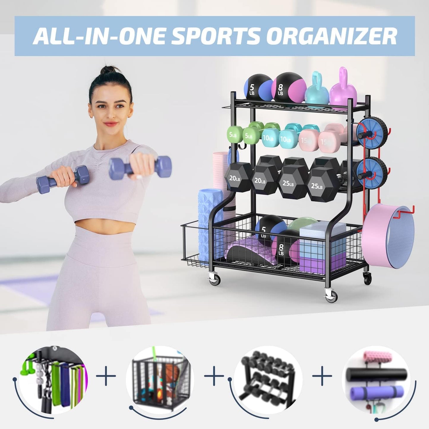 Weight Rack for Dumbbells, Home Gym Storage for Dumbbells Kettlebells Yoga Mat and Balls, All in One Workout Storage with Wheels and Hooks, Powder Coated Finish Steel