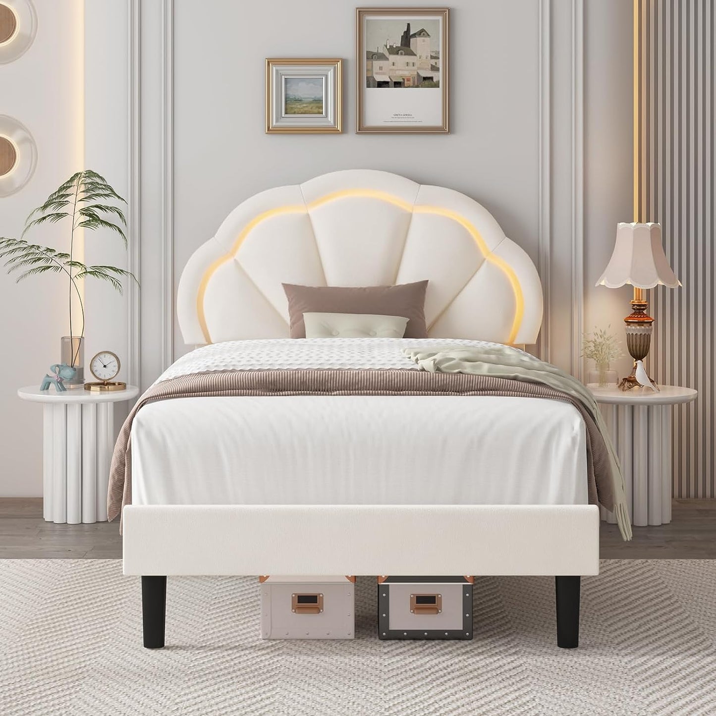 Queen Smart LED Bed Frame with Adjustable Elegant Flowers Headboard, Platform Bed Frame Queen Size with Wooden Slats Support, No Box Spring Needed, Easy Assembly, Beige