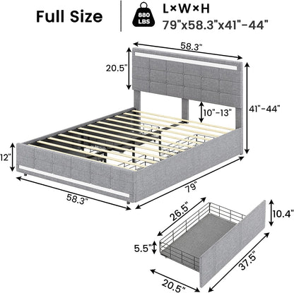 BEAUTIFUL  Bed Frame with LED Lights Headboard Footboard, Platform Bed Frame with 4 Drawers and 2 USB Charging Station, LED Bed Frame with Storage, No Box Spring Needed, Light Grey