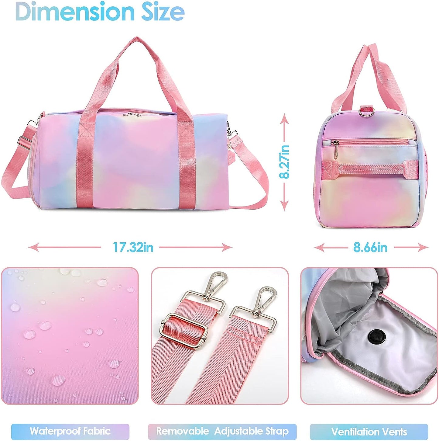 Affordable Travel Duffel Bags for Girls Kids Waterproof Sports Gym Bag for Women, Tie-dye Dance Bag for Girls Teen Overnight Duffel Bag with Shoe Compartment Ballet Small Gym Bag（Pink Rainbow）