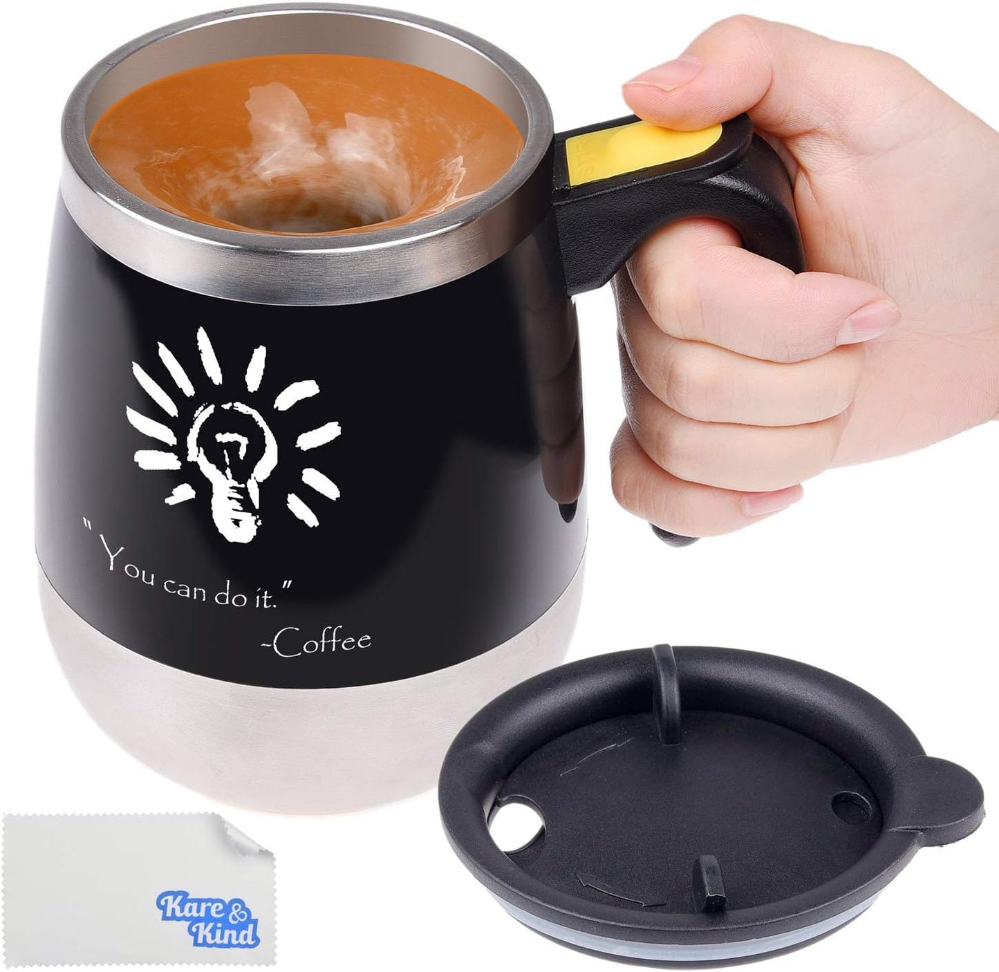 Self stirring coffee mug - Automatic mixing stainless steel cup - To stir your coffee, tea, hot chocolate, milk, protein shake, bouillon, etc. - Ideal for office, school, gym, home - 400 ml / 13.5 oz