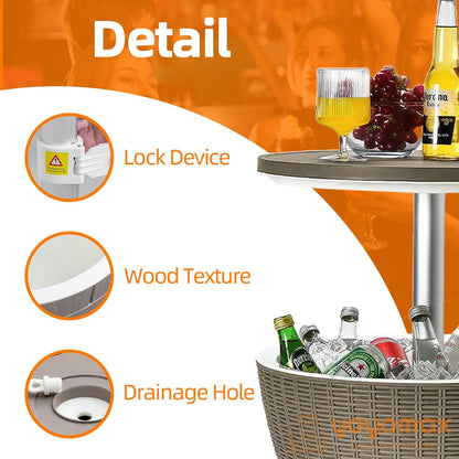 Outdoor Cool Bar Table, 8 Gallon Beer and Wine Cooler Table, Patio Furniture & Hot Tub Side Table, Beverage Cooler, Rattan Style Patio, Cocktail Bar for Patio Pool Party-Grey