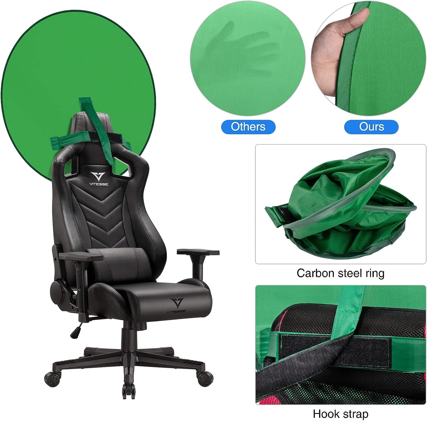 Portable Webcam Background, 75cm Collapsible Green Background for Video Chats, Zoom, Skype, Video, Photo, Single-Side Chromakey Green Screen for Chair