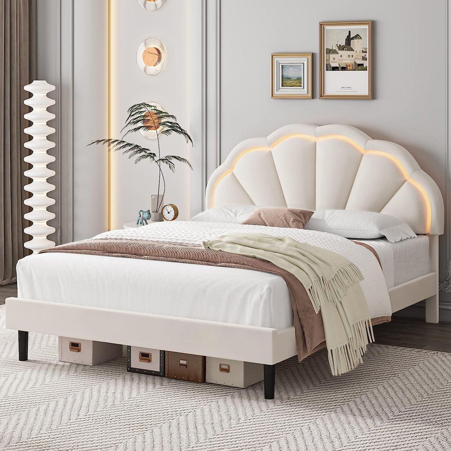 Queen Smart LED Bed Frame with Adjustable Elegant Flowers Headboard, Platform Bed Frame Queen Size with Wooden Slats Support, No Box Spring Needed, Easy Assembly, Beige