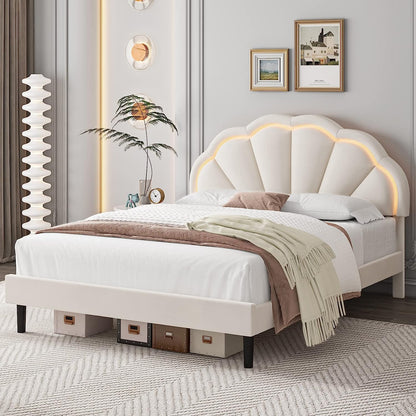 Queen Smart LED Bed Frame with Adjustable Elegant Flowers Headboard, Platform Bed Frame Queen Size with Wooden Slats Support, No Box Spring Needed, Easy Assembly, Beige