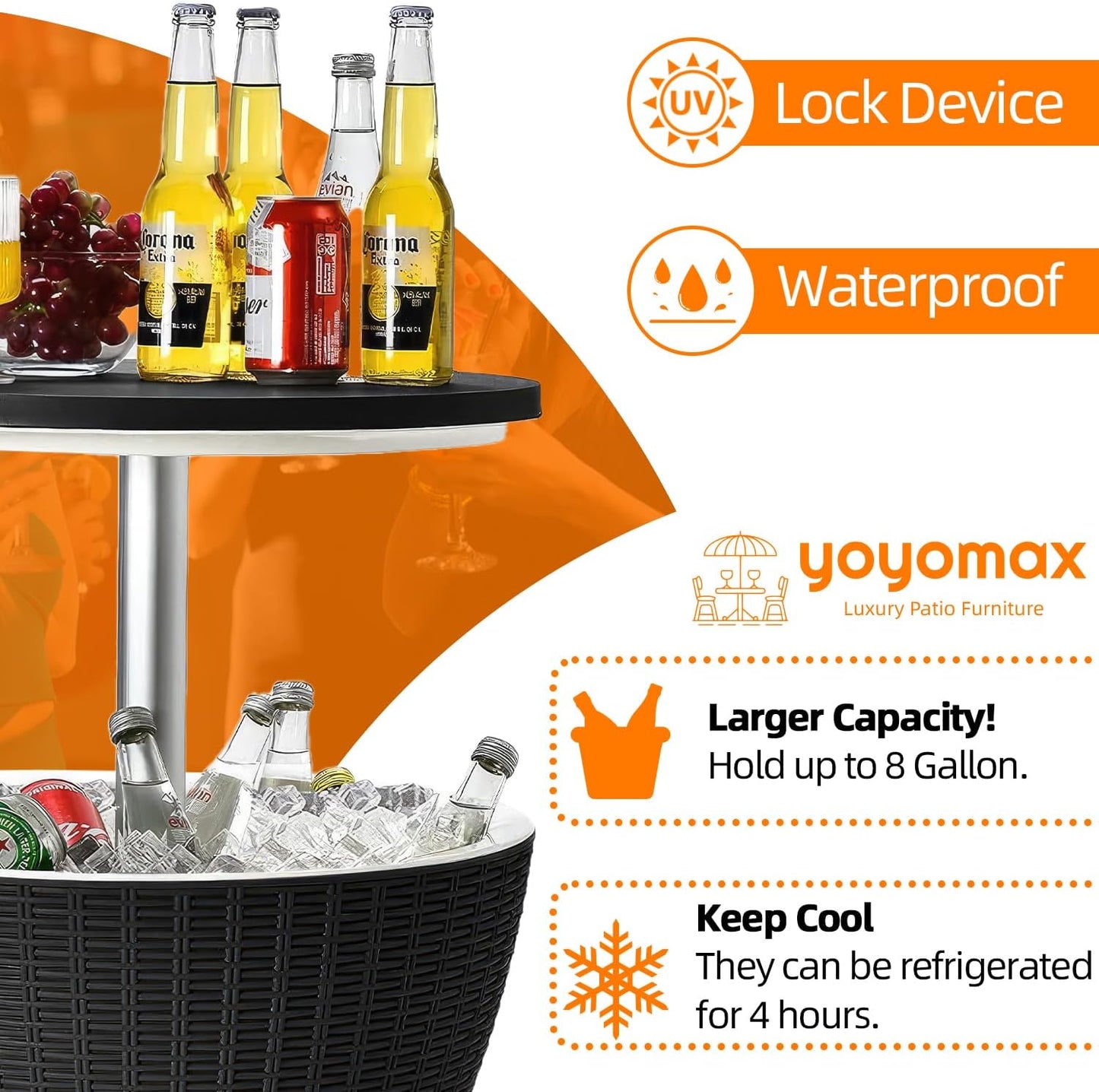 Outdoor Cool Bar Table, 8 Gallon Beer and Wine Cooler Table, Patio Furniture & Hot Tub Side Table, Beverage Cooler, Rattan Style Patio, Cocktail Bar for Patio Pool Party-Grey