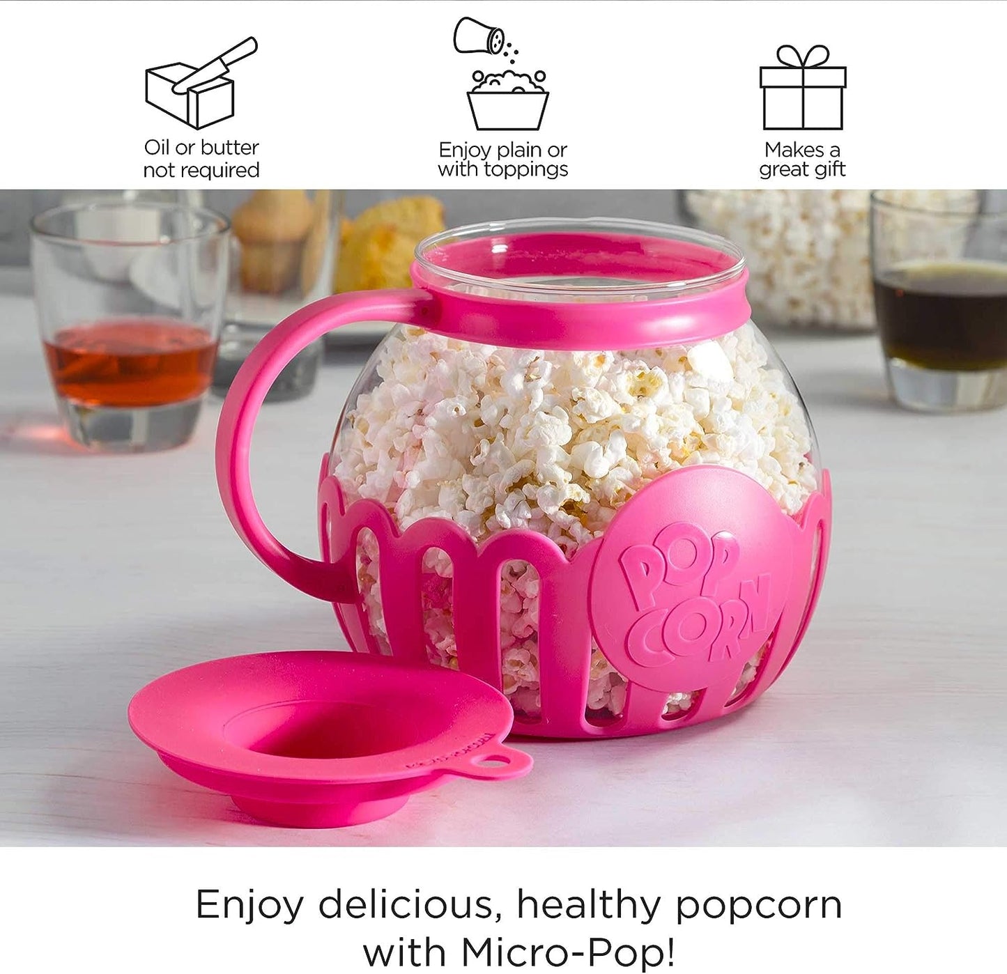 Microwave Popcorn Popper with Temperature Safe Glass, 3-in-1 Lid Measures Kernels and Melts Butter, Made Without BPA, Dishwasher Safe, 3-Quart, Red