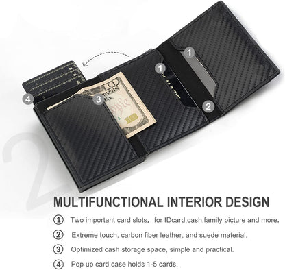 Mens Slim wallet with Money Clip RFID Blocking Credit Card holder Minimalist wallet for Men with Gift Box (Carbon Leather)