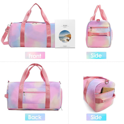 Affordable Travel Duffel Bags for Girls Kids Waterproof Sports Gym Bag for Women, Tie-dye Dance Bag for Girls Teen Overnight Duffel Bag with Shoe Compartment Ballet Small Gym Bag（Pink Rainbow）