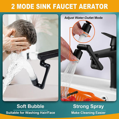 1440° Faucet Extender 2 PCS, 2 Outlet Mode 1080° Rotatable Faucet Aerator + 360° Swivel Faucet Attachment Multifunctional Extension, Splash Filter Kitchen Faucet Extender for Bathroom Sink