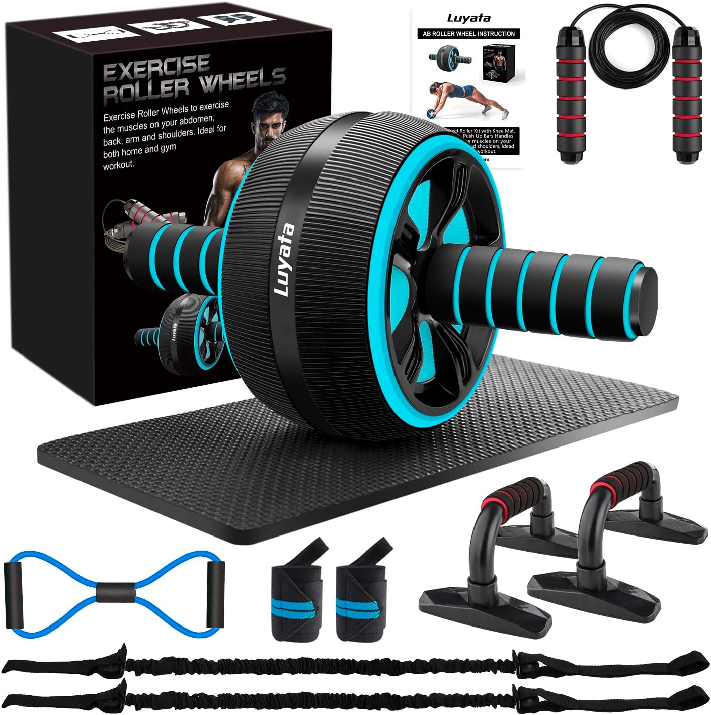 GREAT! GREAT! GREAT! Ab Roller Wheel, 10-In-1 Ab Exercise Wheels Kit with Resistance Bands, Knee Mat, Jump Rope, Push-Up Bar - Home Gym Equipment for Men Women Core Strength & Abdominal Exercise