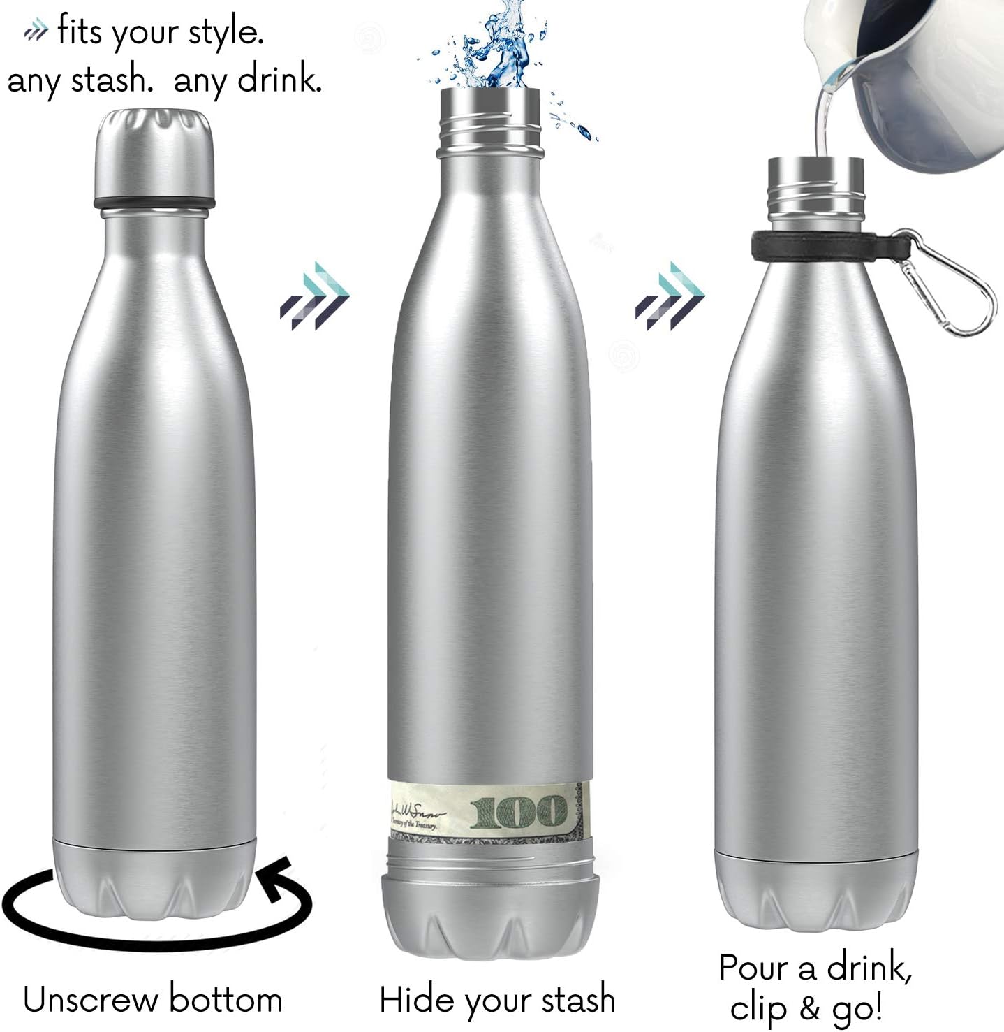 SPECIAL Diversion Safe Water Bottle Can Hidden Bottom for Valuables 17ounce Liquid Capacity Dry Storage Compartment Stainless Steel Vacuum Insulated BONUS with Bag (Silver)