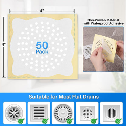 (50 Pack, 4.1 inch Diameter) Disposable Drain Catcher, Strong Adhesion Non-Woven Shower Drain Hair Cover Strainer for Bathroom Kitchen Sink