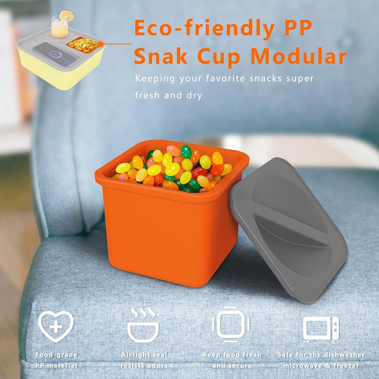 A+ Cup Holder Tray with Wireless Power Bank, Sofa Caddy with Self Balancing Cup Holder & Snack Cup, Sofa Armrest Table Tray, Couch Storage Organizer for Living Room, Car, Game,USB A+C Port