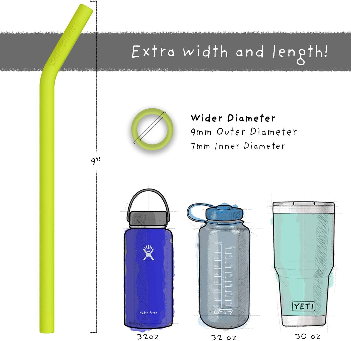 Straws Wide Premium Reusable Silicone Drinking Straws + Patented Straw Squeegee - 9” Long With Curved Bend for 20/30/32oz Tumblers BPA Free Non Rubber, Flexible, Safe for Kids/Toddlers