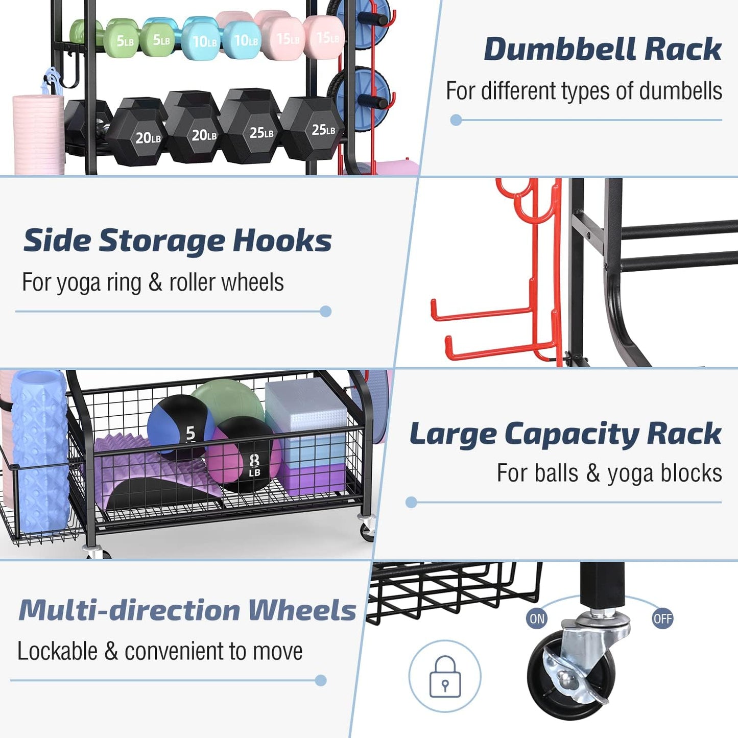 Weight Rack for Dumbbells, Home Gym Storage for Dumbbells Kettlebells Yoga Mat and Balls, All in One Workout Storage with Wheels and Hooks, Powder Coated Finish Steel