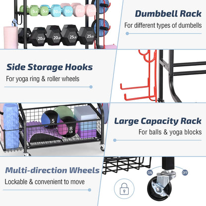 Weight Rack for Dumbbells, Home Gym Storage for Dumbbells Kettlebells Yoga Mat and Balls, All in One Workout Storage with Wheels and Hooks, Powder Coated Finish Steel