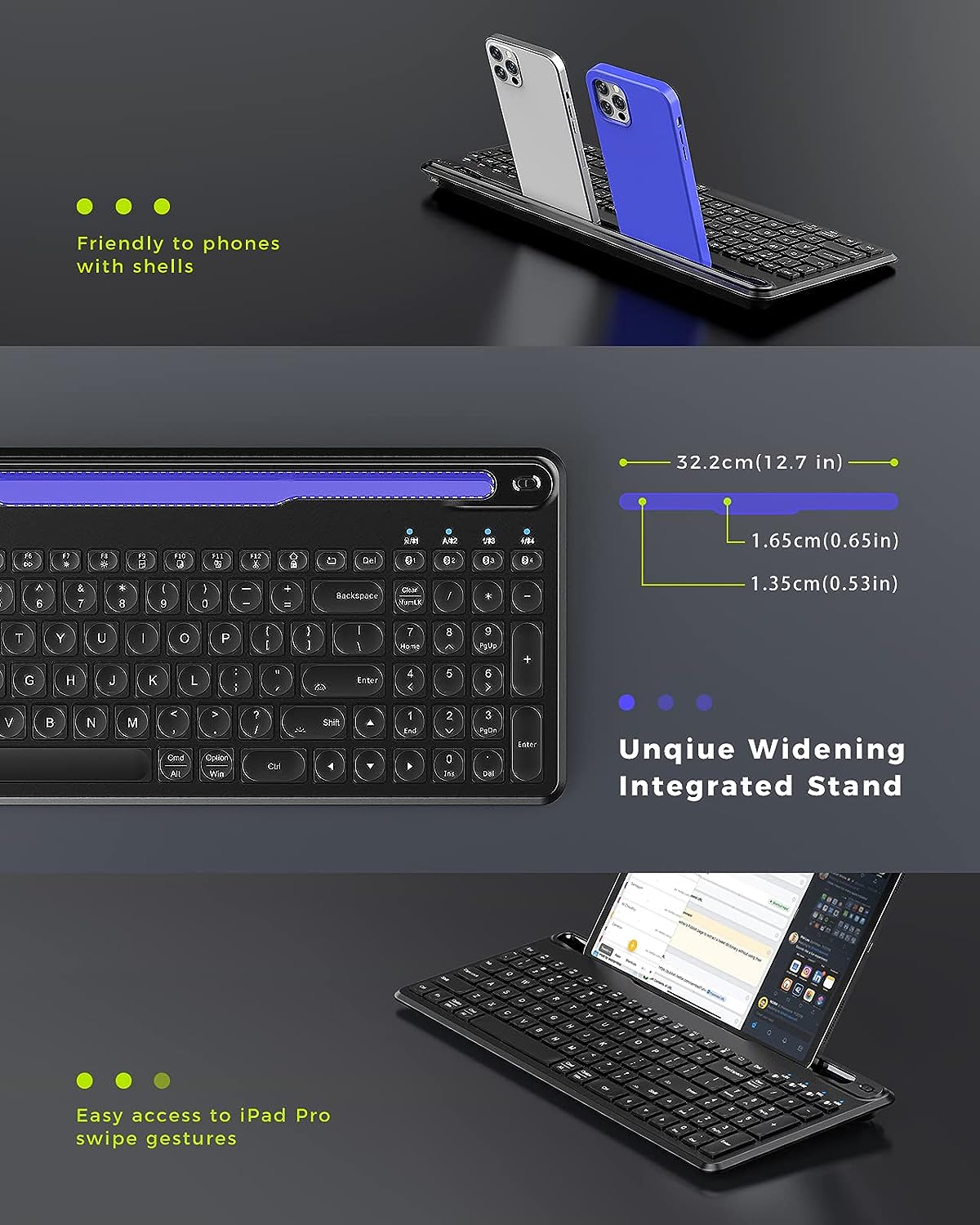 Multi-Device Bluetooth Keyboard for Tablet Phone Computer - Wireless Illuminated Rechargeable Keyboard with Number Pad Connect Up to 4 Devices Compatible Mac Android iOS Windows