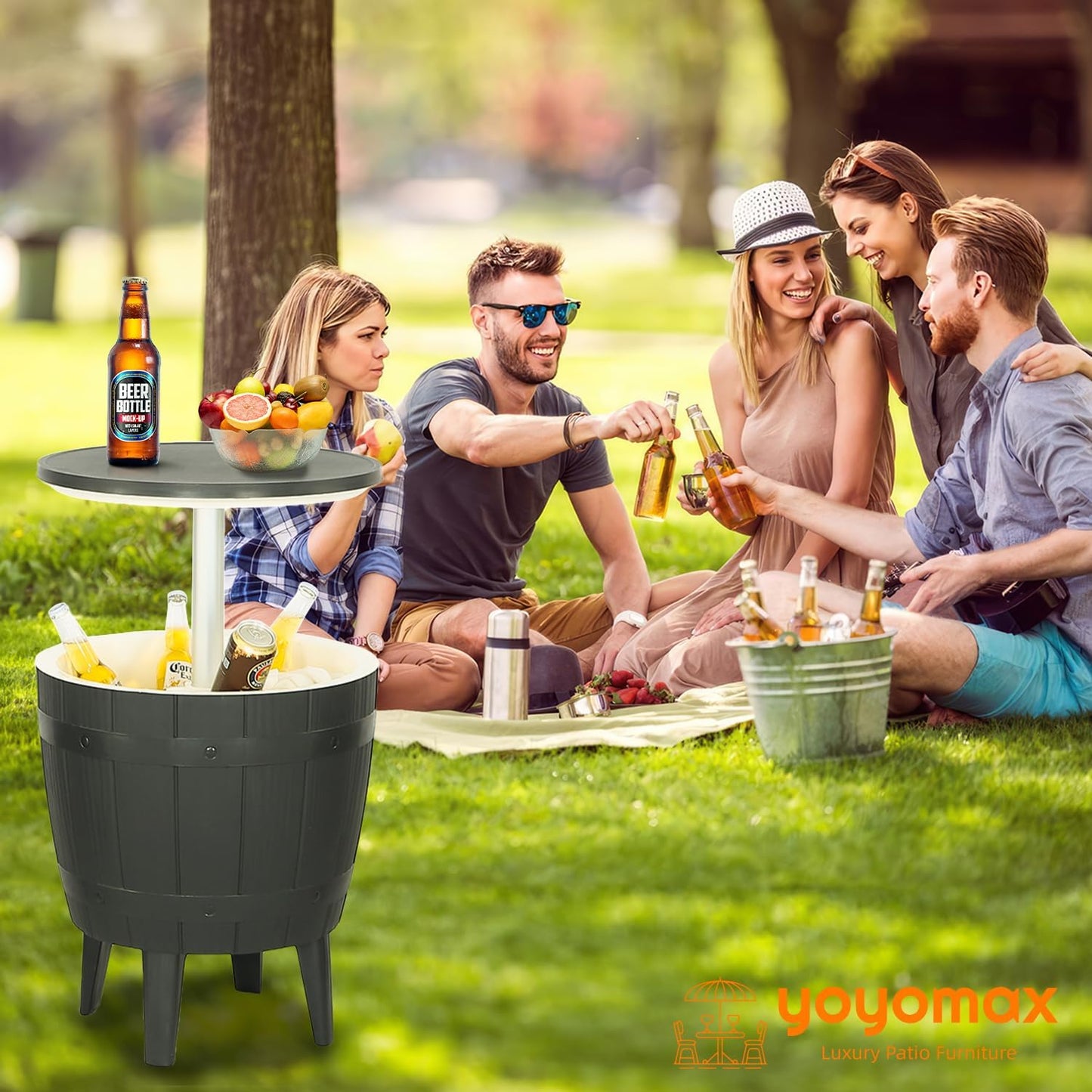 Outdoor Cool Bar Table, 8 Gallon Beer and Wine Cooler Table, Patio Furniture & Hot Tub Side Table, Beverage Cooler, Rattan Style Patio, Cocktail Bar for Patio Pool Party-Grey