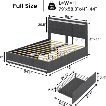 BEAUTIFUL  Bed Frame with LED Lights Headboard Footboard, Platform Bed Frame with 4 Drawers and 2 USB Charging Station, LED Bed Frame with Storage, No Box Spring Needed, Light Grey