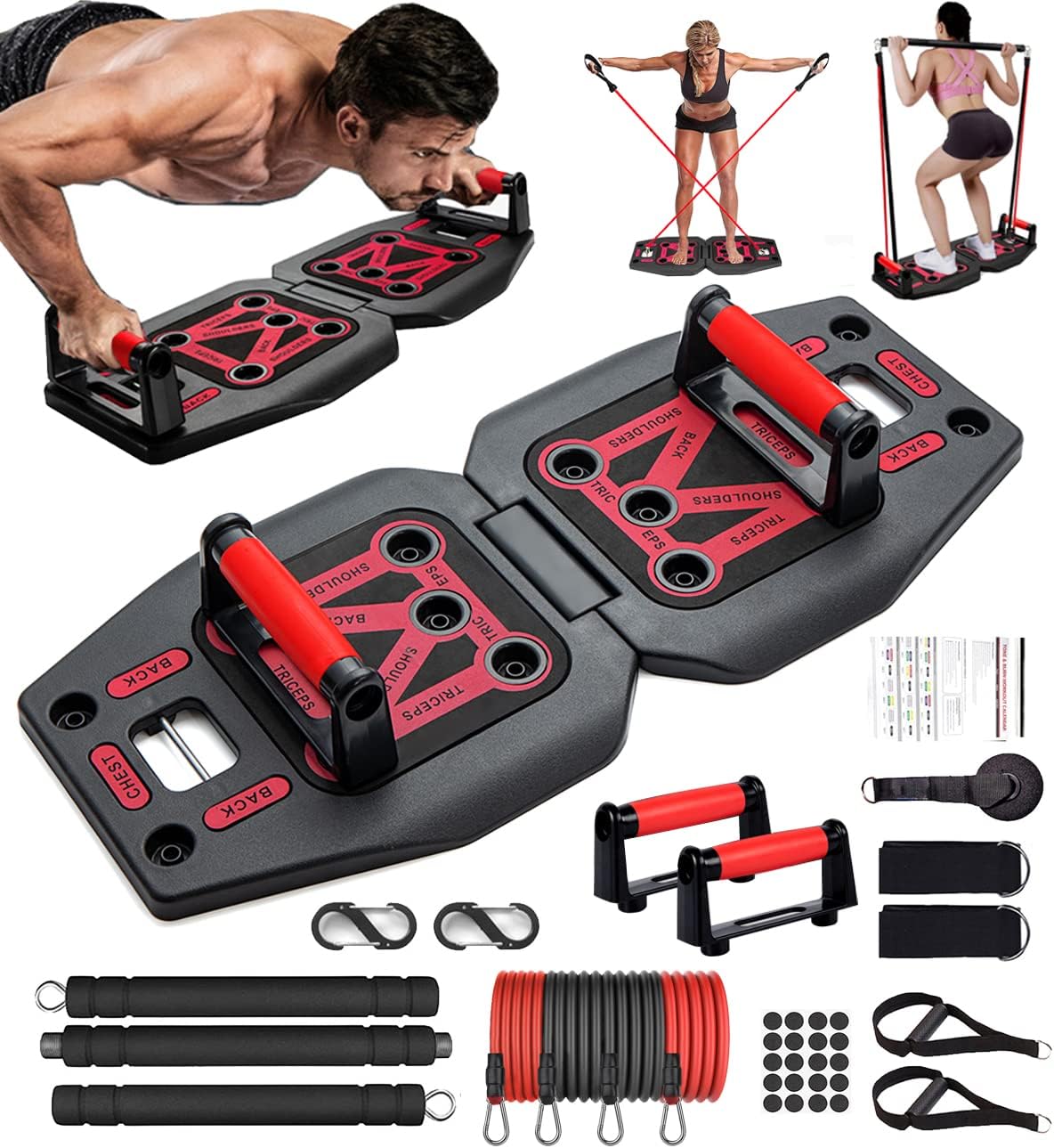 Home Gym Exercise Equipment - Portable Workout System 17 Fitness Accessories 9 in1 Push Up Board Set, Resistance Bands with Pilates Bar Strength Training Abs Shoulders Back Butt