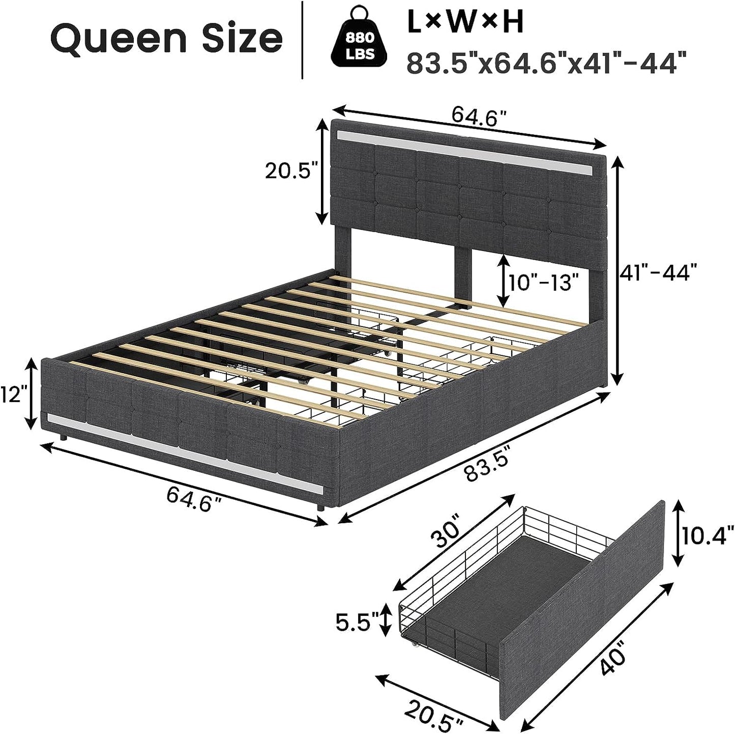 BEAUTIFUL  Bed Frame with LED Lights Headboard Footboard, Platform Bed Frame with 4 Drawers and 2 USB Charging Station, LED Bed Frame with Storage, No Box Spring Needed, Light Grey